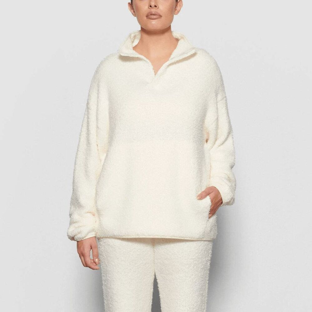 Skims Bone White Mock Neck Cozy Sherpa Knit Snap Sweatshirt Women's Size S/M